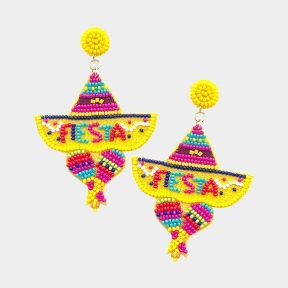 Fiesta Sombrero Yellow Seed Beaded Earrings - Picture 4 of 6